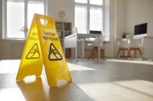 A bright office space with two yellow caution wet floor signs placed on a shiny hardwood floor near large windows.