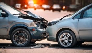 Two cars with front-end damage after a head-on collision on a city street at sunset.