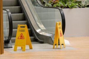 Yellow “cleaning in progress” caution signs placed at the base of an escalator in a mall or commercial building.