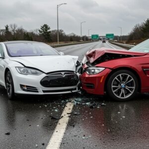 Car accident scene showing a white Tesla and a red BMW crashed head-on on a wet highway with shattered glass on the road.